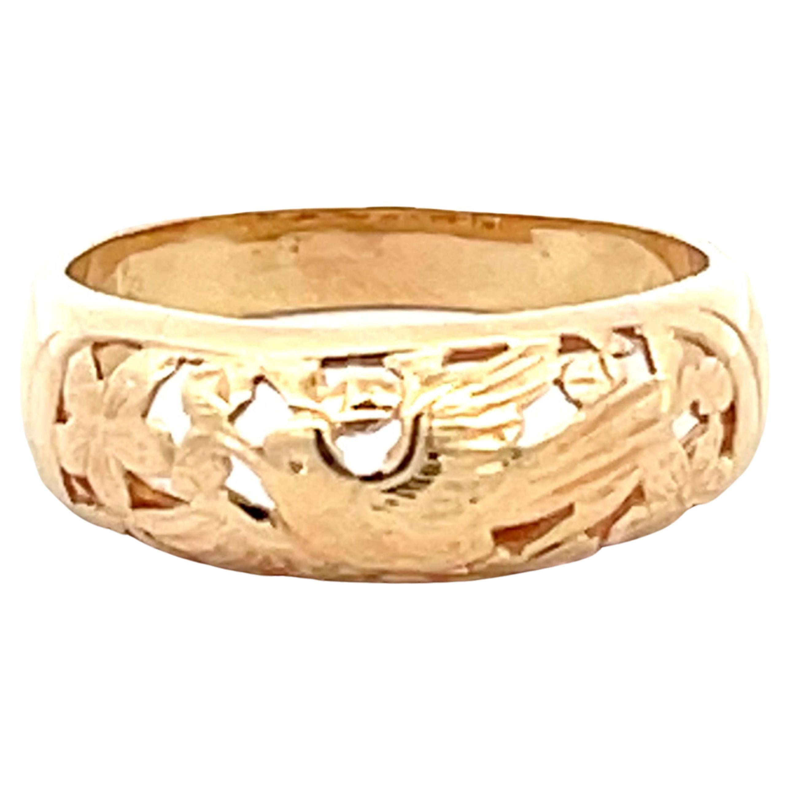 Mings Bird on a Plum Cutout Ring in 14k Yellow Gold For Sale