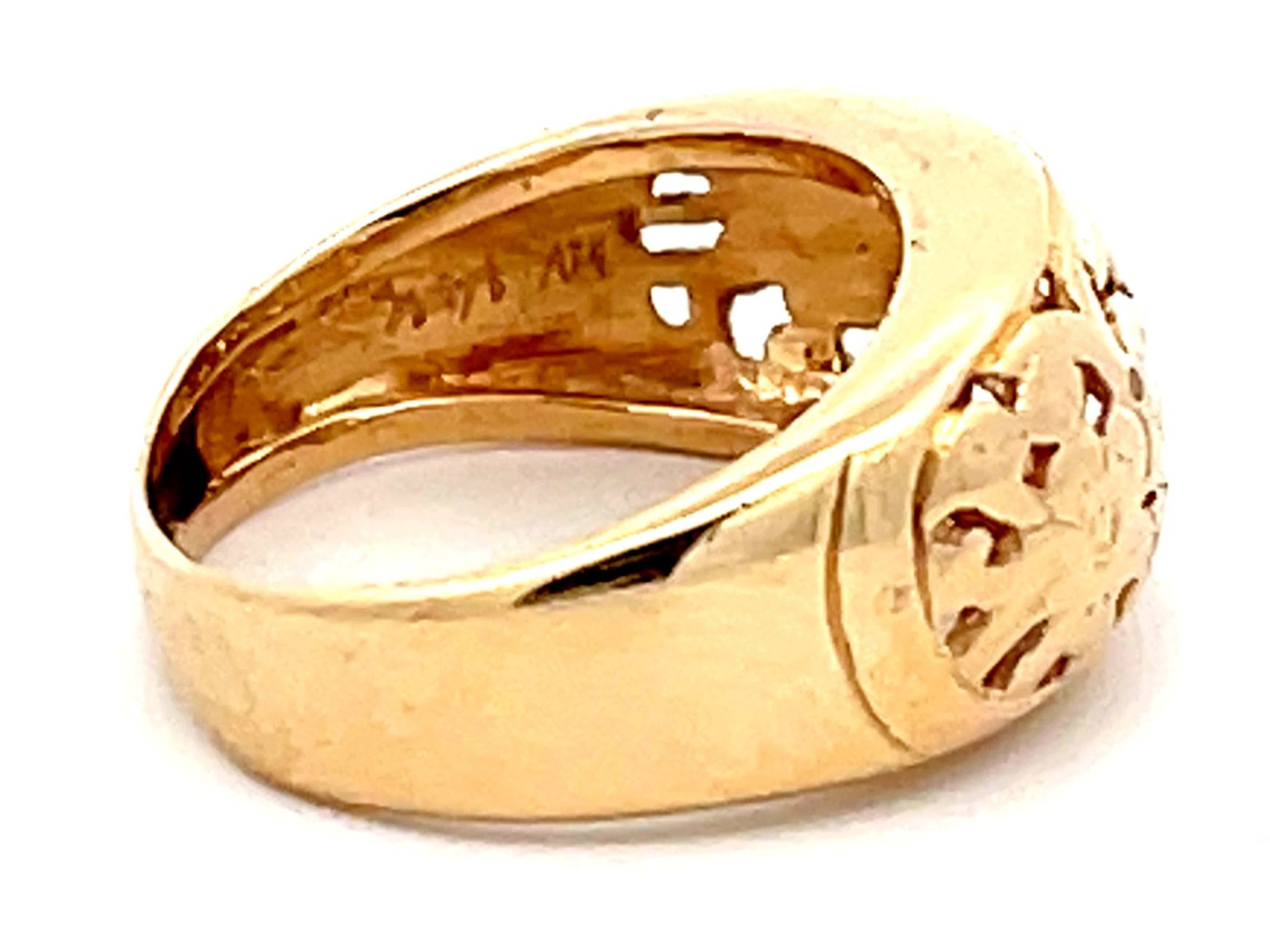 Modern Mings Bird on a Plum Gold Cutout Dome Band Ring in 14k For Sale