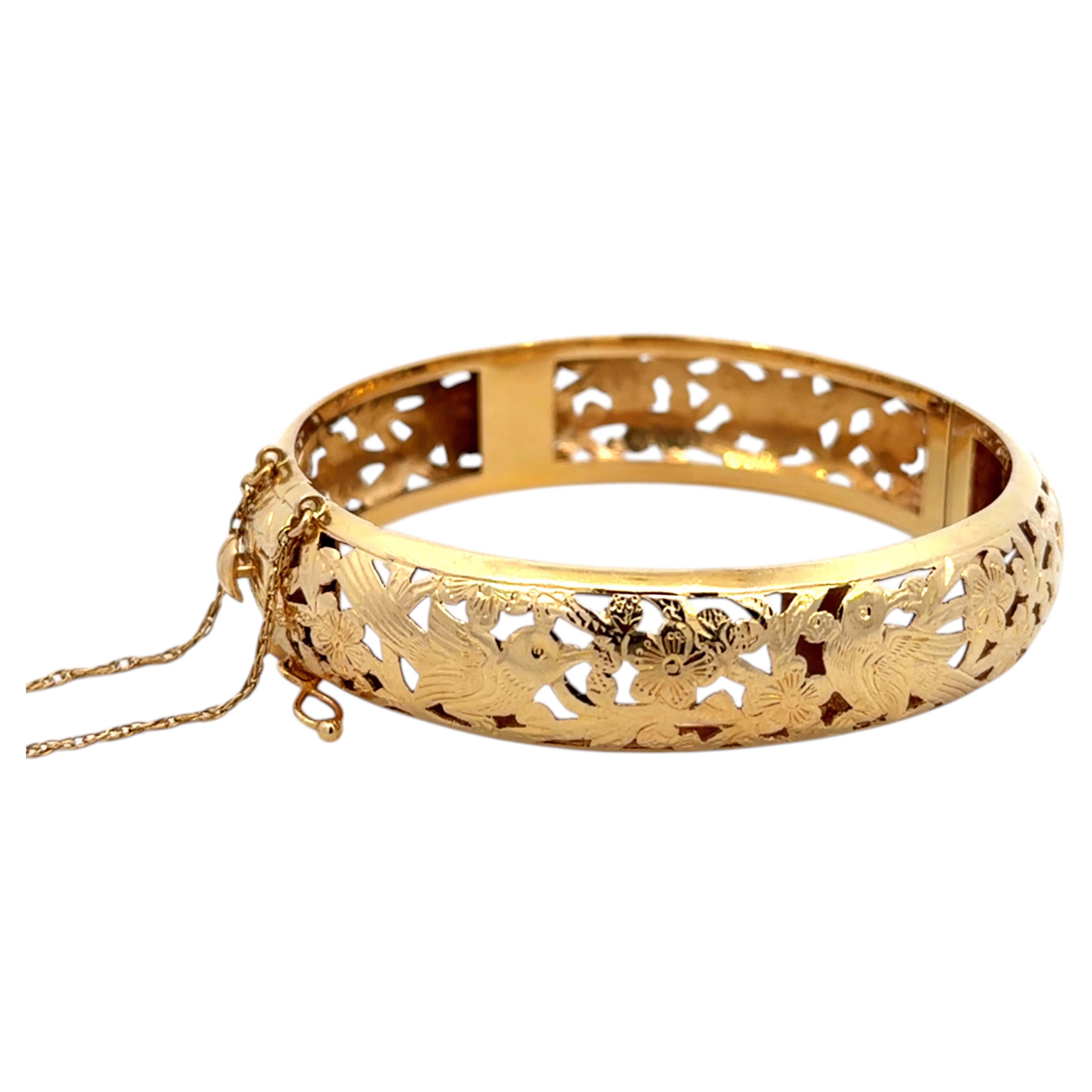 Ming's Bird on a Plum Gold Pierced Hinged Bangle 14K Yellow Gold For Sale