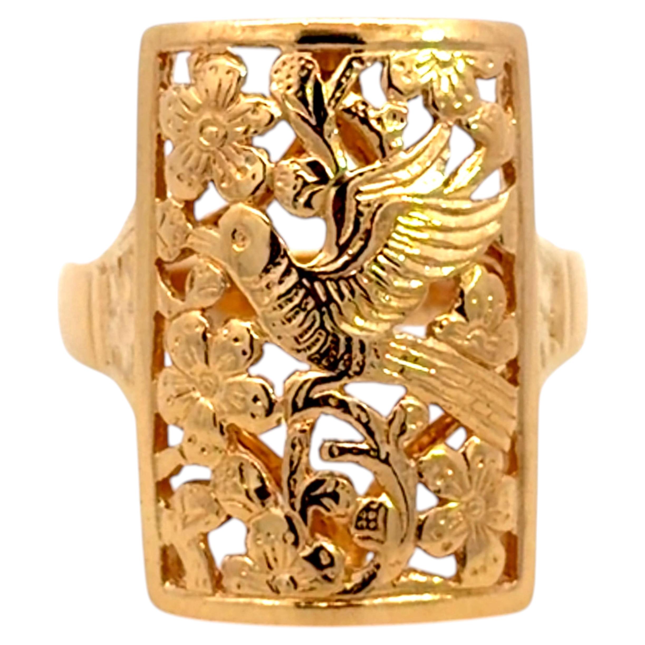 Mings Bird on a Plum Large Rectangular Ring 14k Yellow Gold For Sale