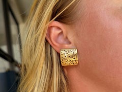 Ming's Bird on a Plum Large Square Rare Omega Back Earrings 14K Yellow Gold