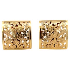 Ming's Bird on a Plum Large Square Rare Omega Back Earrings 14K Yellow Gold