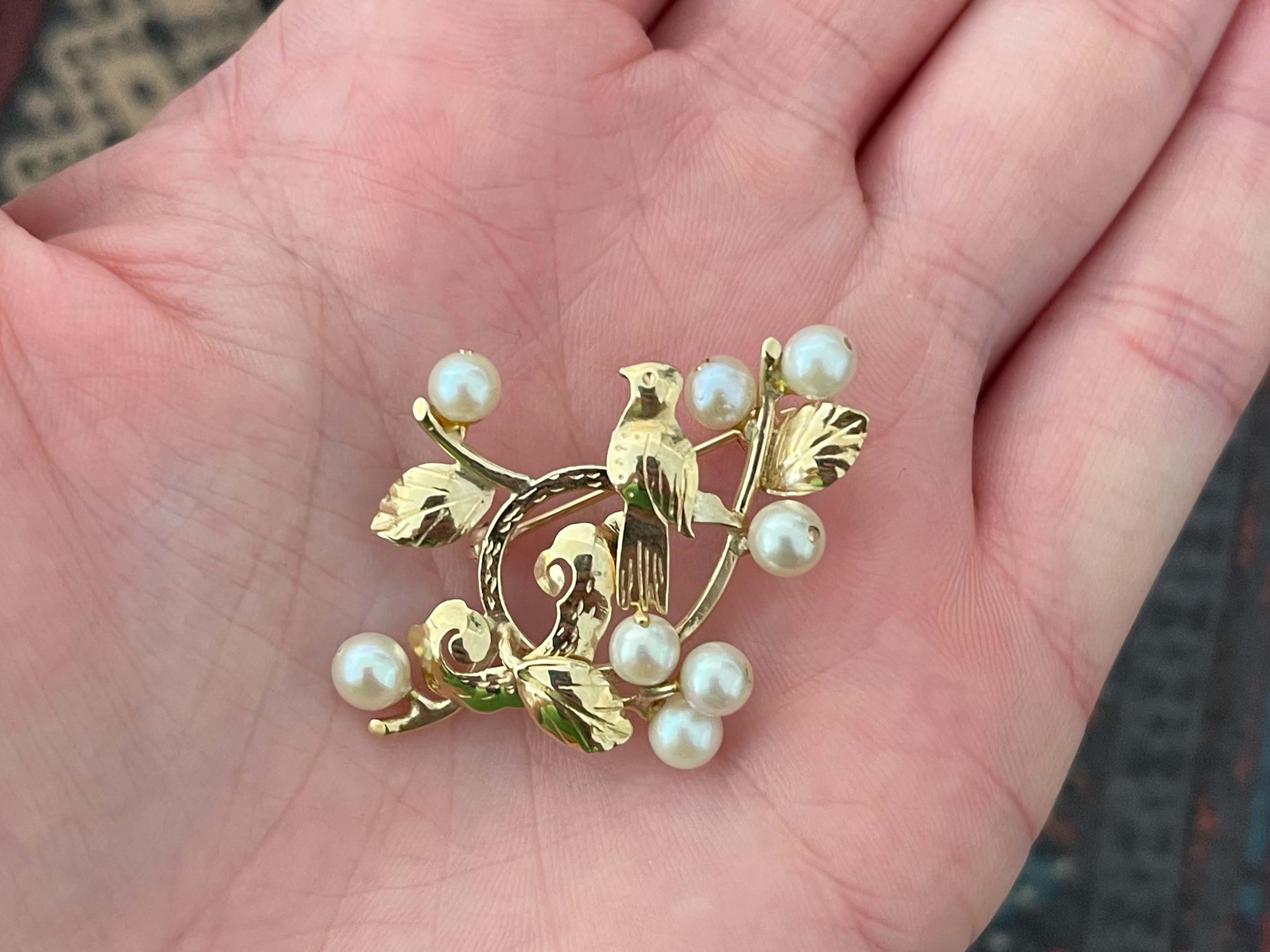 Brosche Spezifikationen:

Designer: Ming's

Metall: 14k Gelbgold

Perlen: Akoya-Perlen

Gesamtgewicht: 5,1 Gramm

Brosche Abmessungen: 1.5