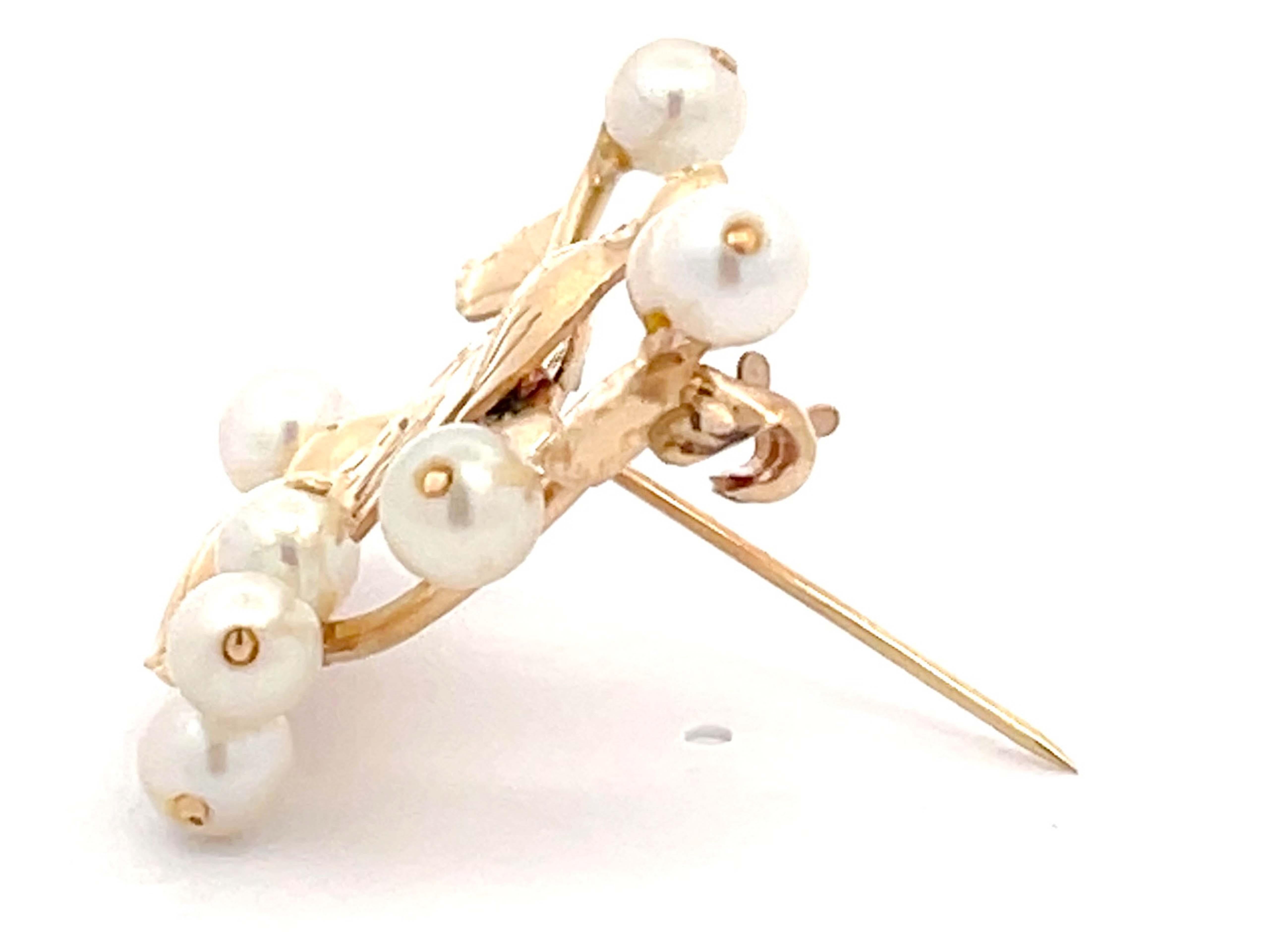 Round Cut Mings Bird on a Plum Pearl Brooch in 14k Yellow Gold For Sale