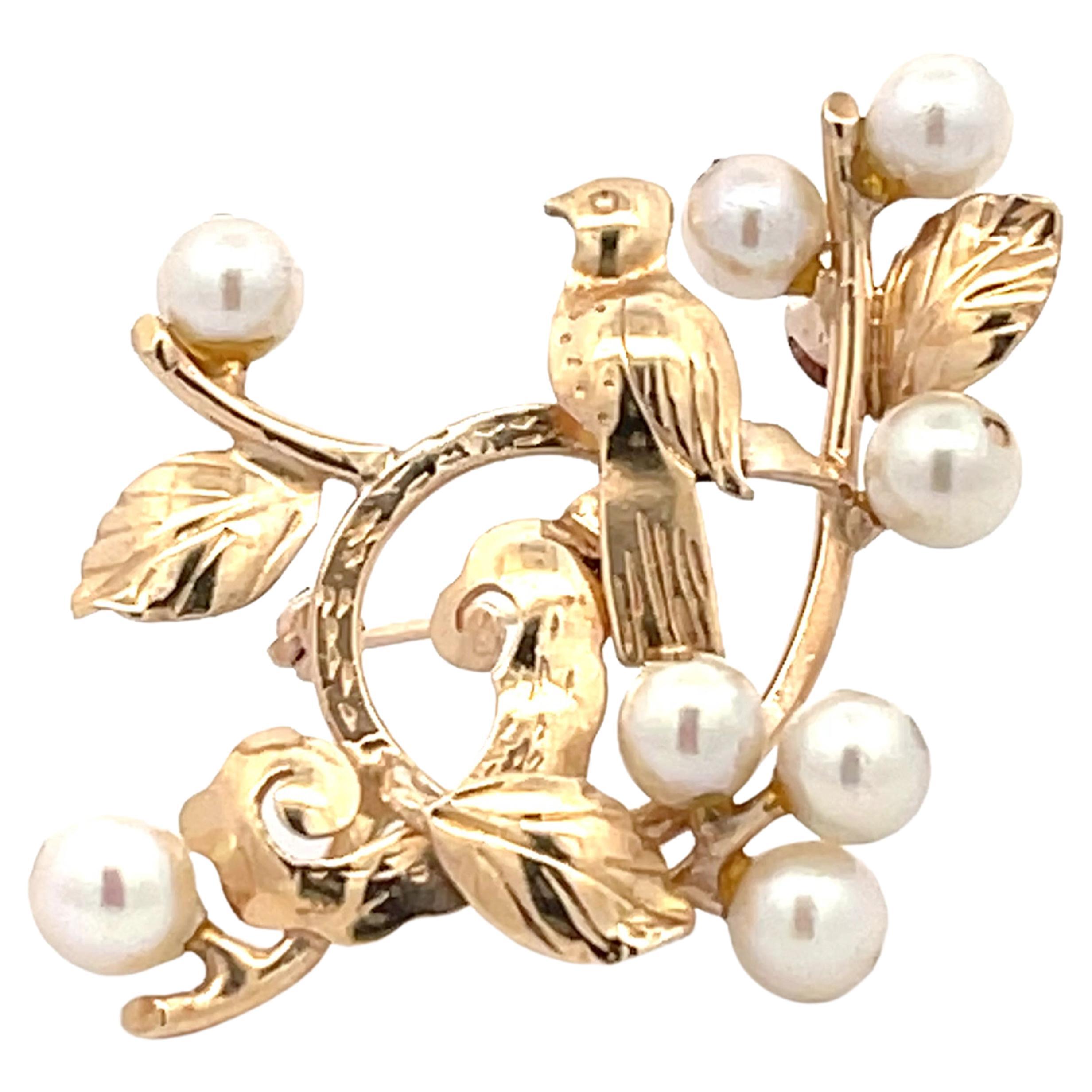 Mings Bird on a Plum Pearl Brooch in 14k Yellow Gold For Sale