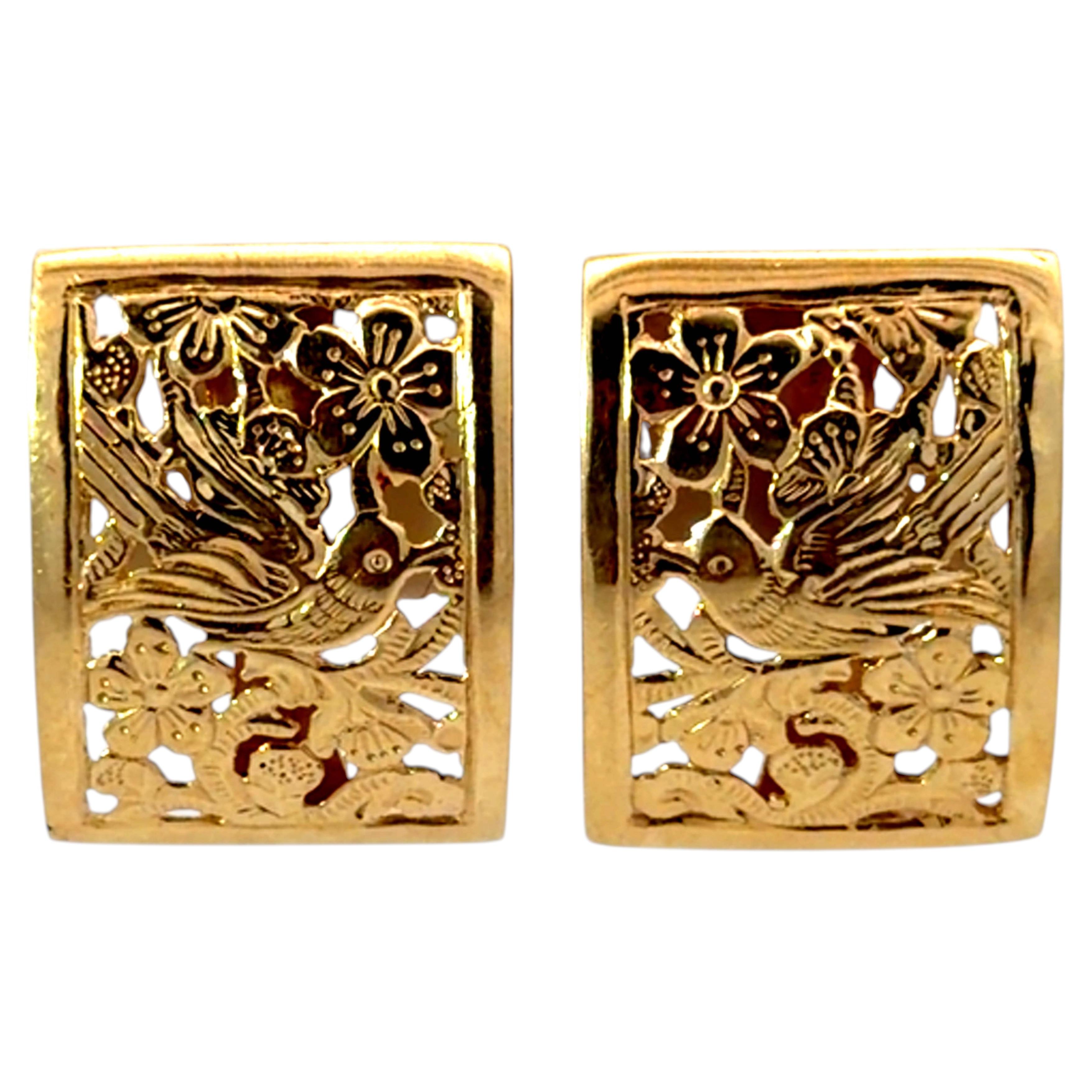 Orecchini con perno a rettangolo Ming Ming Bird on a Plum in oro giallo 14 carati