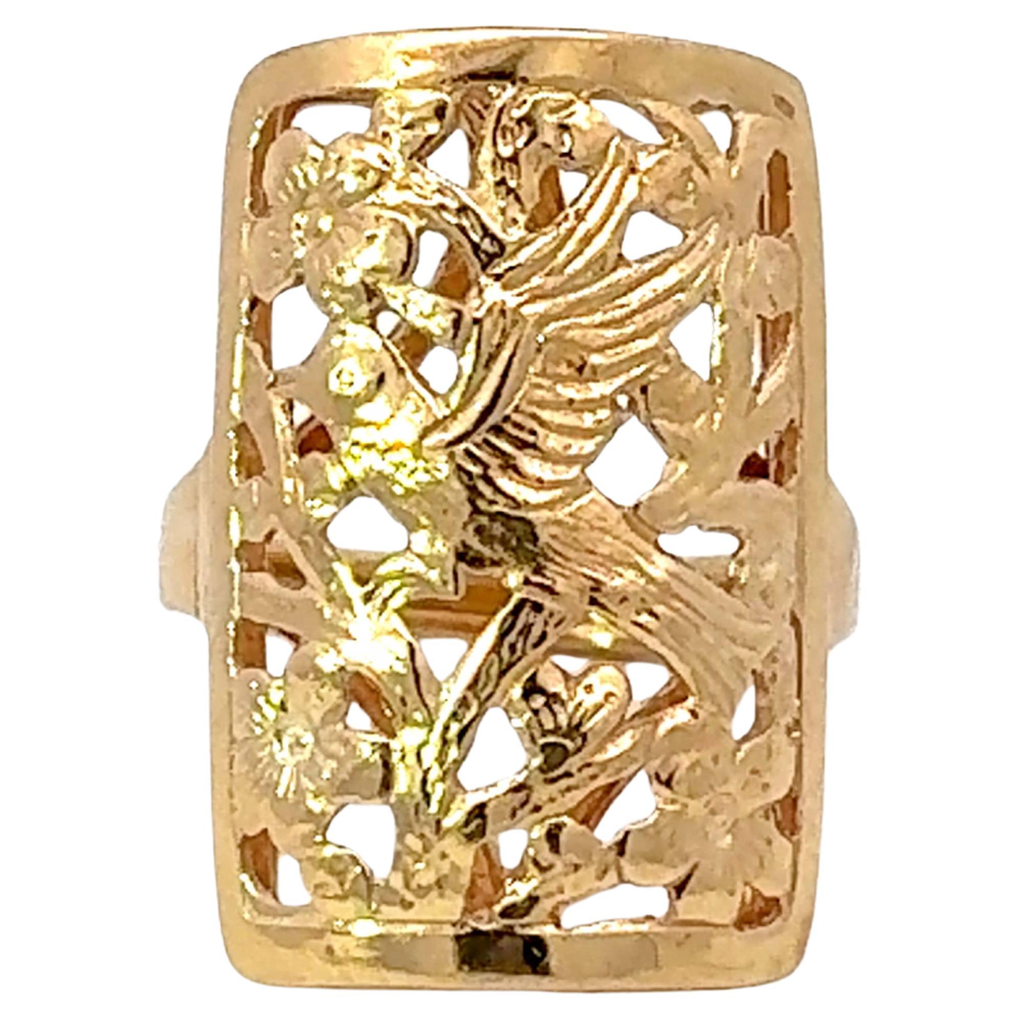 Mings Bird on a Plum Rectangular Gold Cutout Ring 14k Yellow Gold For Sale