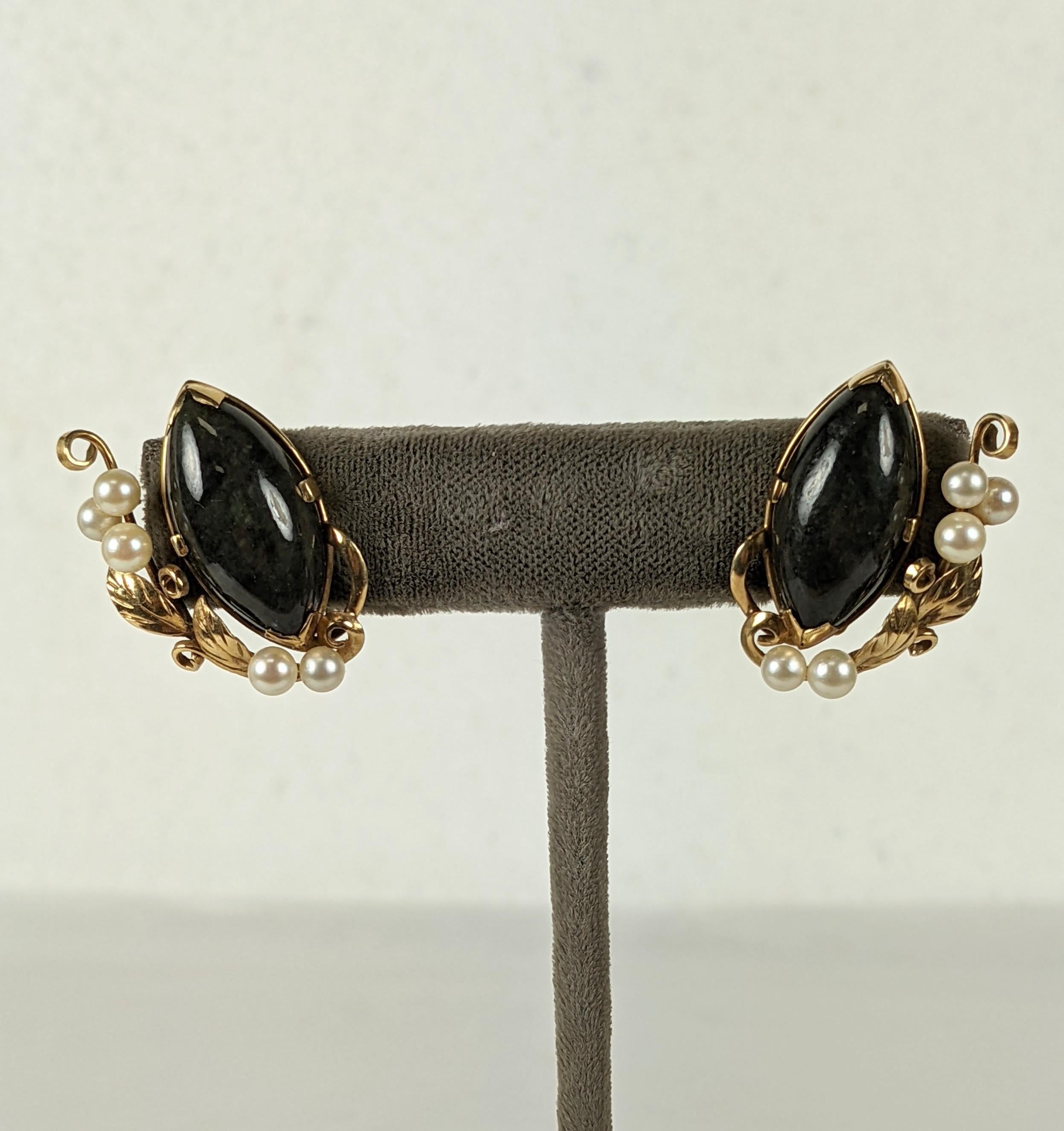 Ming's Black Jade and Cultured Pearl Leaf Earrings set in 14k gold. Marquise black jade stones set with a branch of gold leaves and pearls trailing up the ear. 1