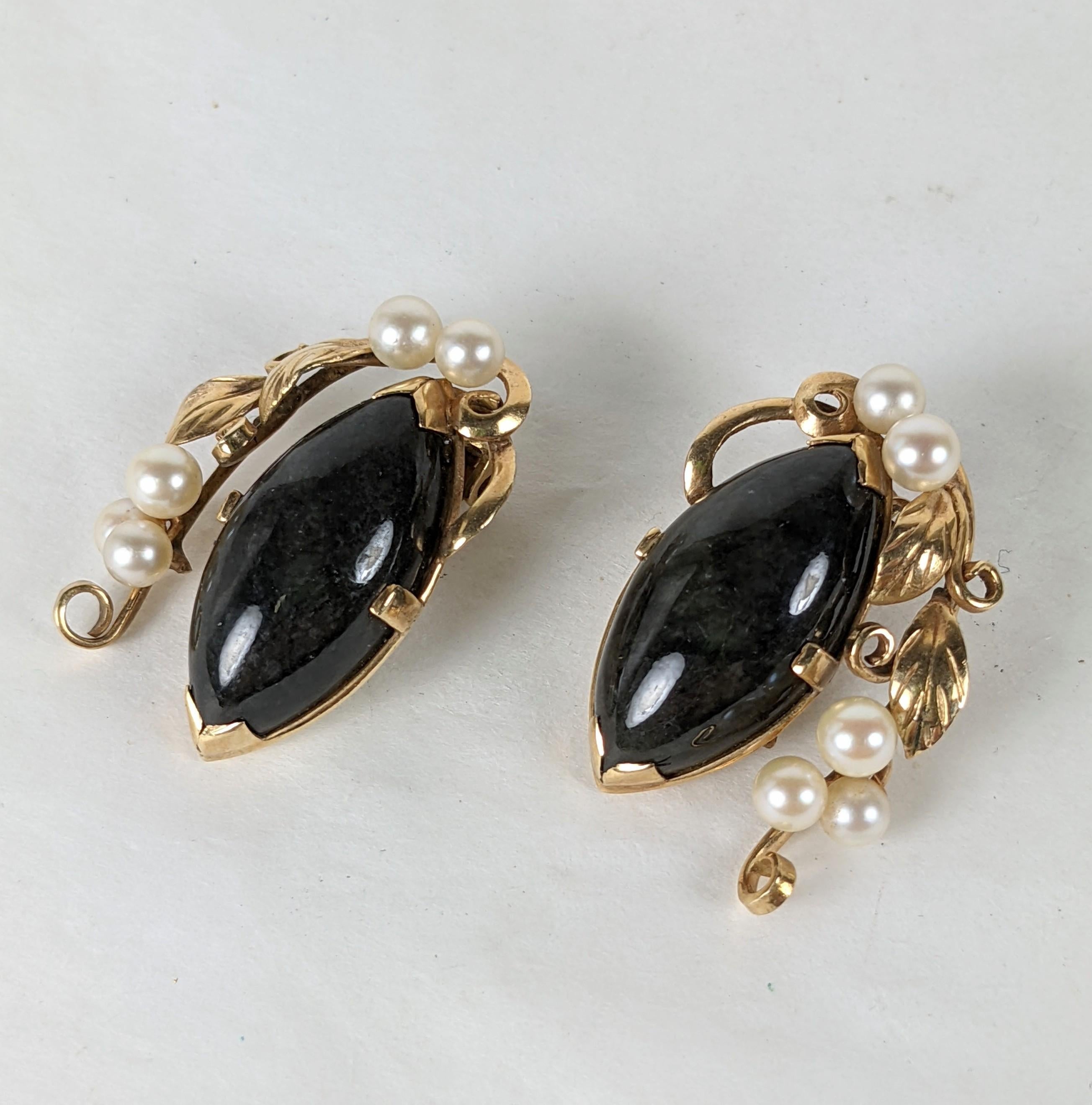 Marquise Cut Ming's Black Jade and Cultured Pearl Leaf Earrings For Sale