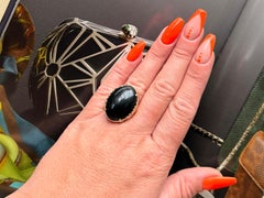 Mings Black Jade Filigree Setting Oval Cabochon Ring 14k Yellow Gold