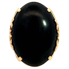 Mings Black Jade Filigree Setting Oval Cabochon Ring 14k Yellow Gold