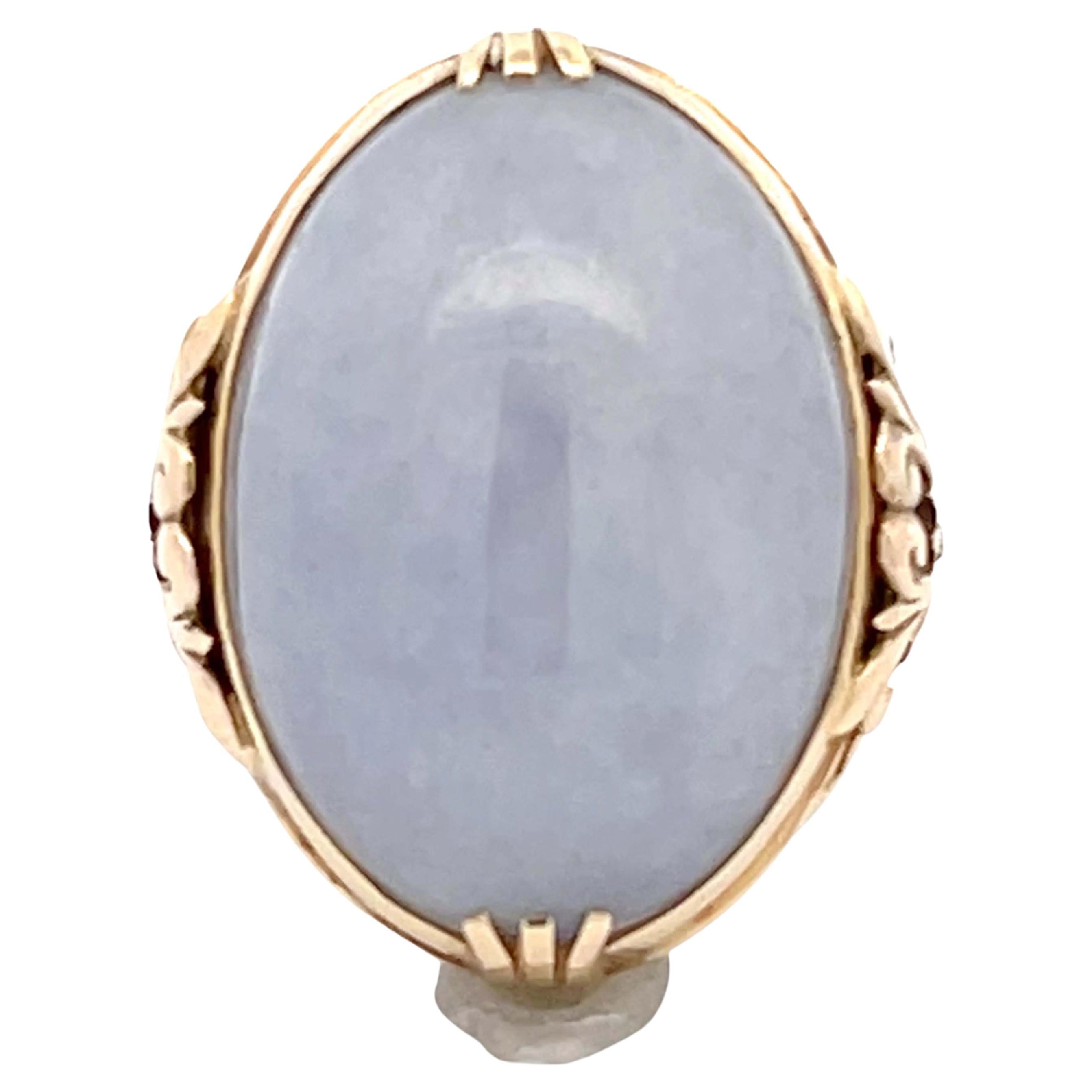 Mings Bluish Grey Oval Jade Ring in 14k Yellow Gold