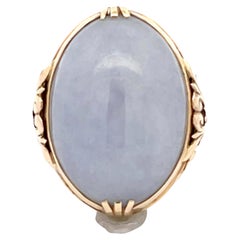 Vintage Mings Bluish Grey Oval Jade Ring in 14k Yellow Gold