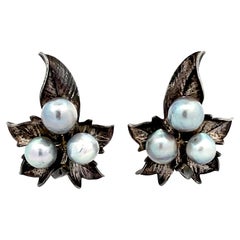 Mings Bluish Purple Pearl and Leaf Clip on Earrings in Sterling Silver
