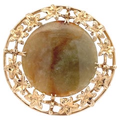 Mings Brown and Green Round Jade Brooch / Pendant in 14k Yellow Gold