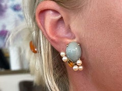 Mings Cabochon Jade and Pearl Clip on Earrings in 14k Yellow Gold