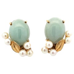 Vintage Mings Cabochon Jade and Pearl Clip on Earrings in 14k Yellow Gold