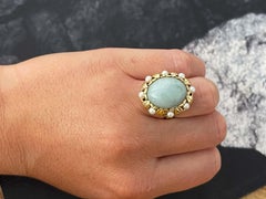 Mings Cabochon Jade and Pearl Halo Leaf Ring in 14k Yellow Gold
