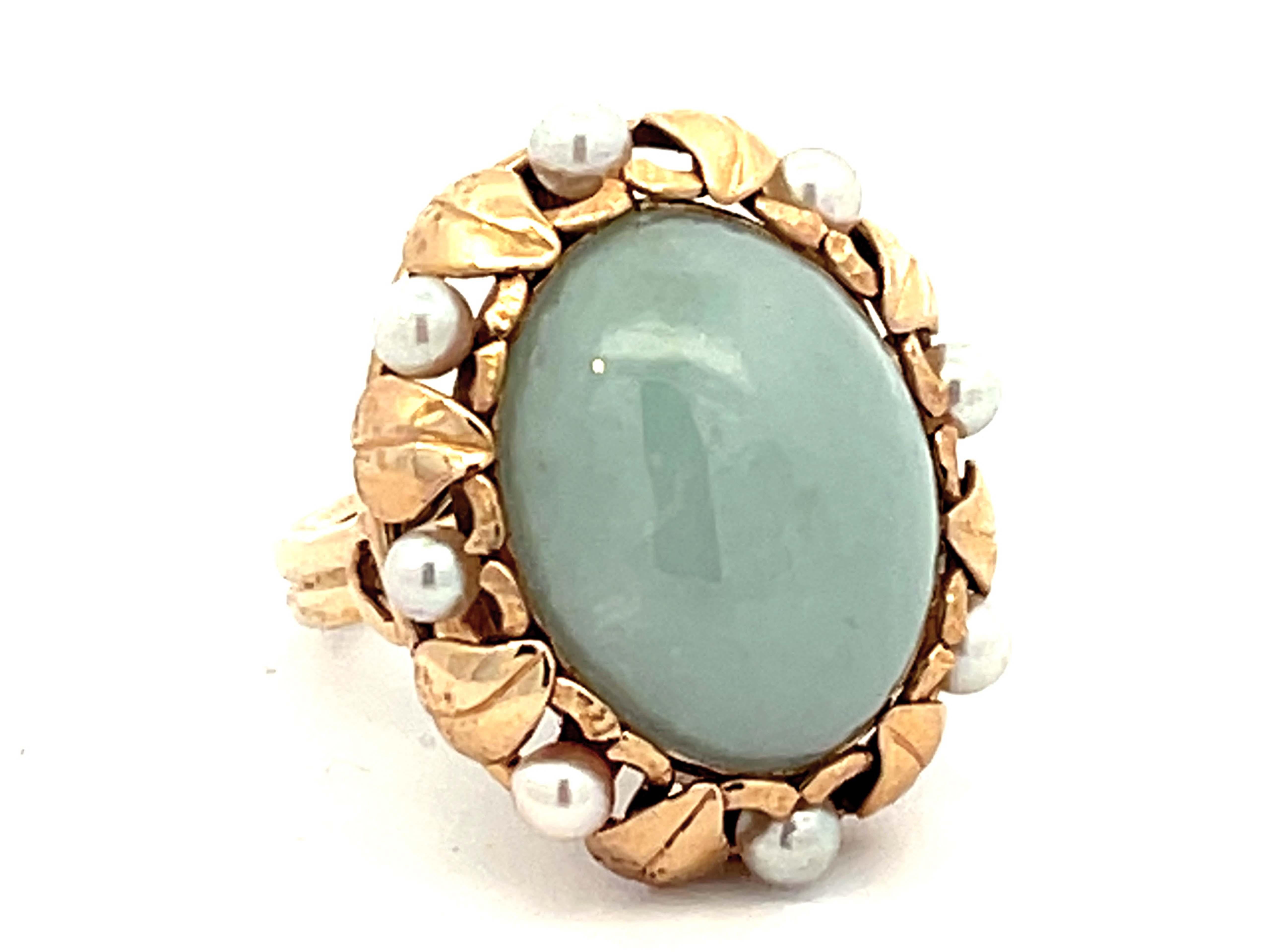 Modern Mings Cabochon Jade and Pearl Halo Leaf Ring in 14k Yellow Gold For Sale