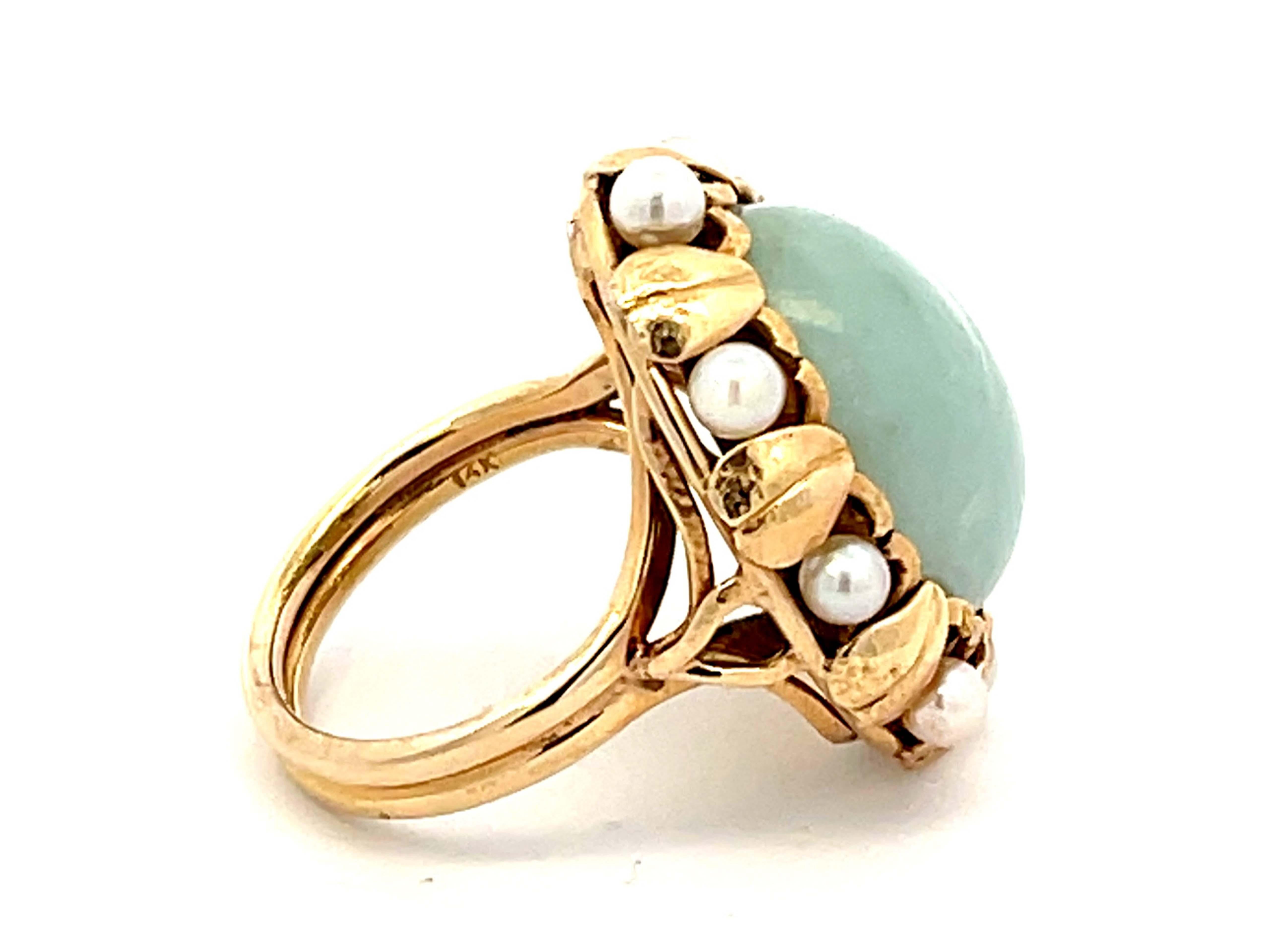 Women's Mings Cabochon Jade and Pearl Halo Leaf Ring in 14k Yellow Gold For Sale