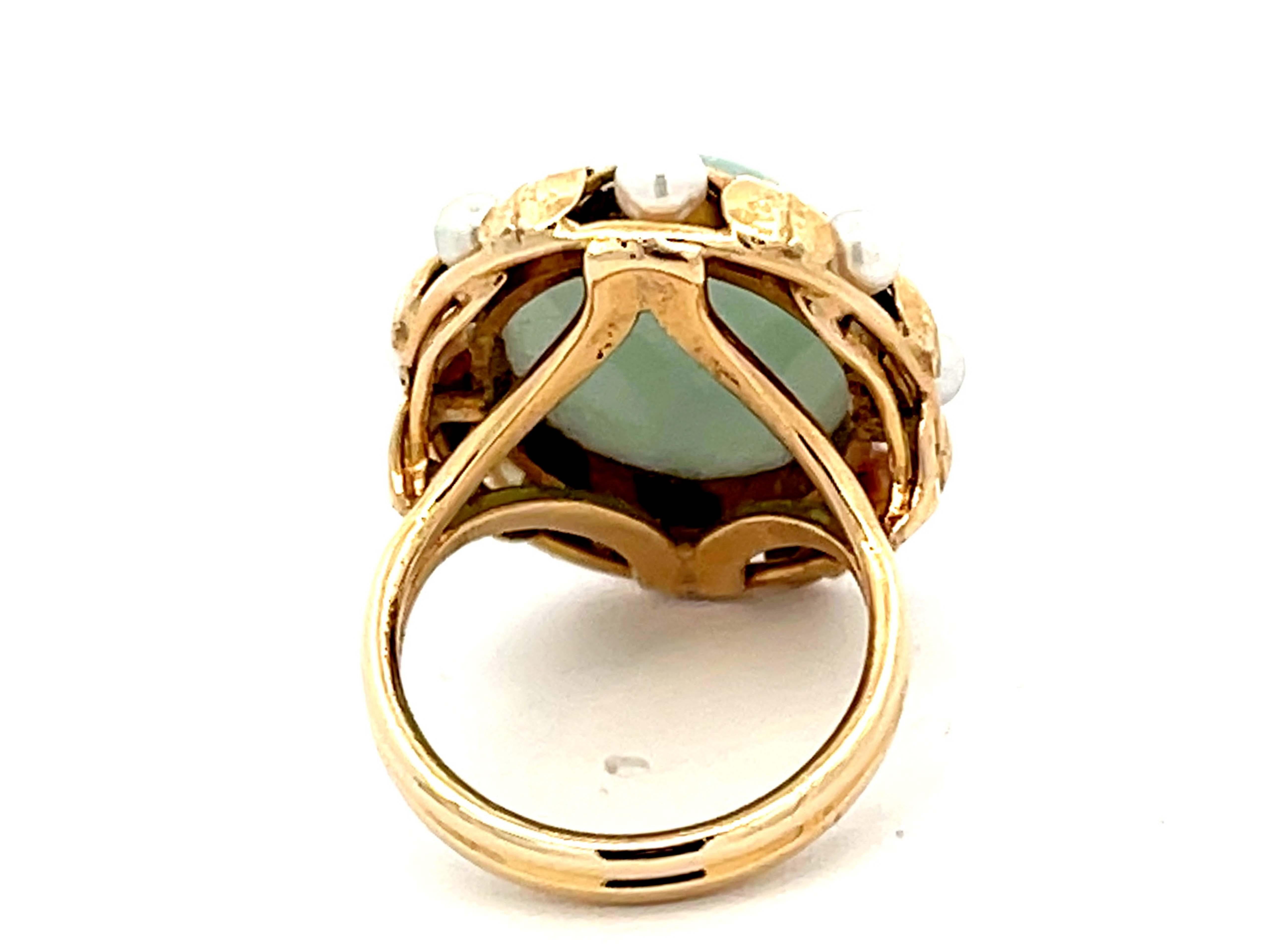Mings Cabochon Jade and Pearl Halo Leaf Ring in 14k Yellow Gold For Sale 2