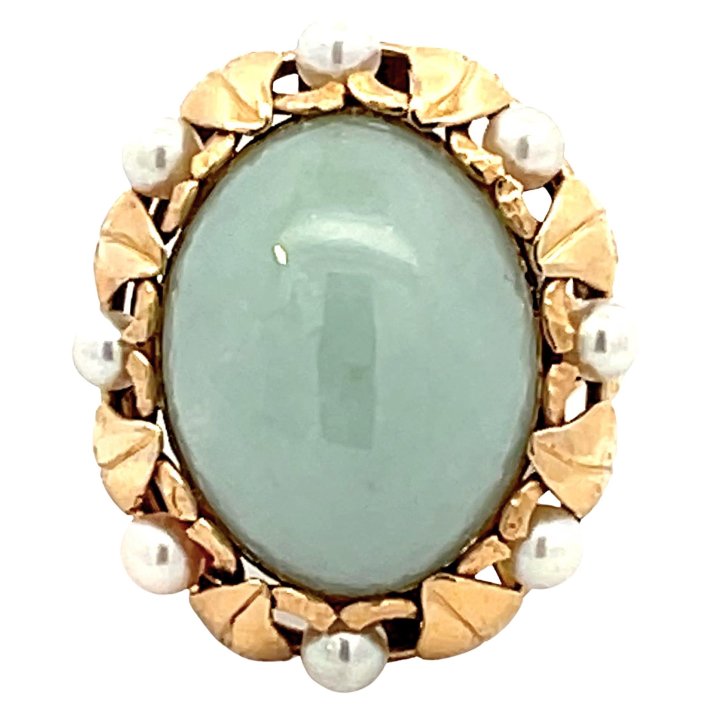 Mings Cabochon Jade and Pearl Halo Leaf Ring in 14k Yellow Gold For Sale