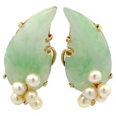 Mings Carved Pale Green Jade & Pearl Earrings in 14k Yellow Gold