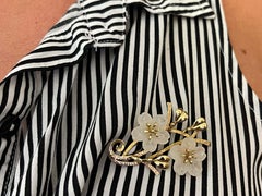 Mings Carved White Jade Flower Brooch in 14k Yellow Gold