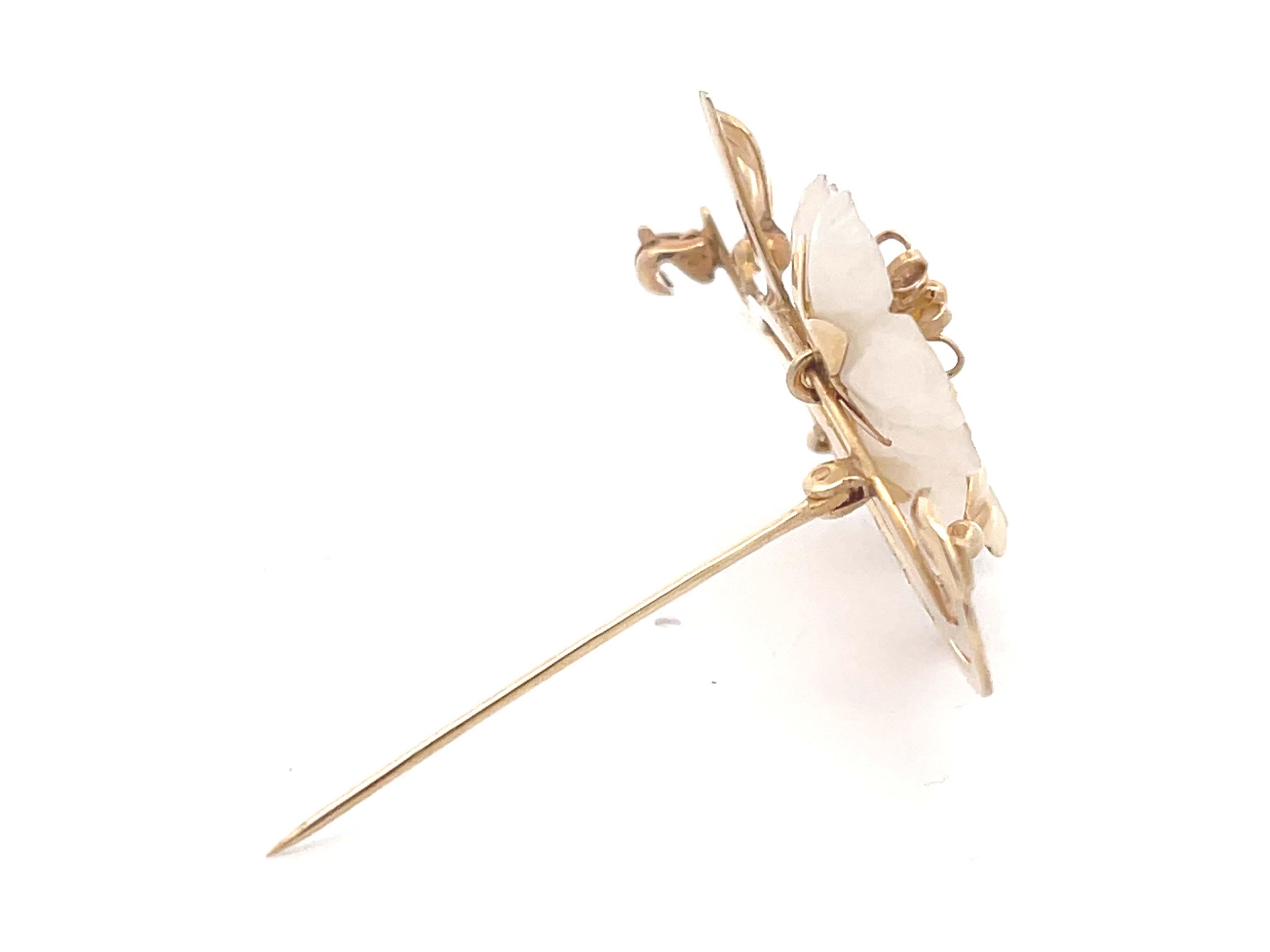 Modern Mings Carved White Jade Flower Brooch in 14k Yellow Gold For Sale