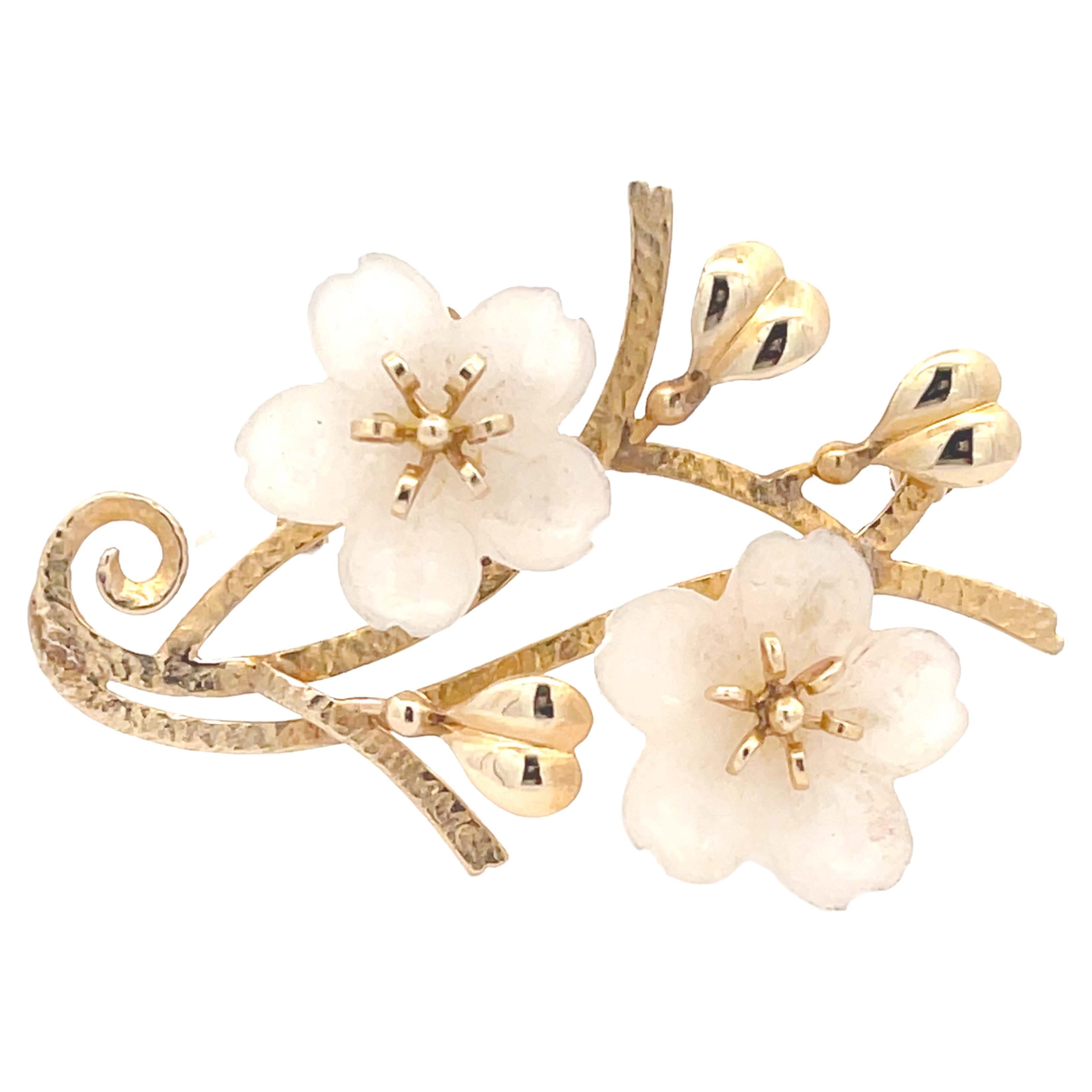 Mings Carved White Jade Flower Brooch in 14k Yellow Gold For Sale
