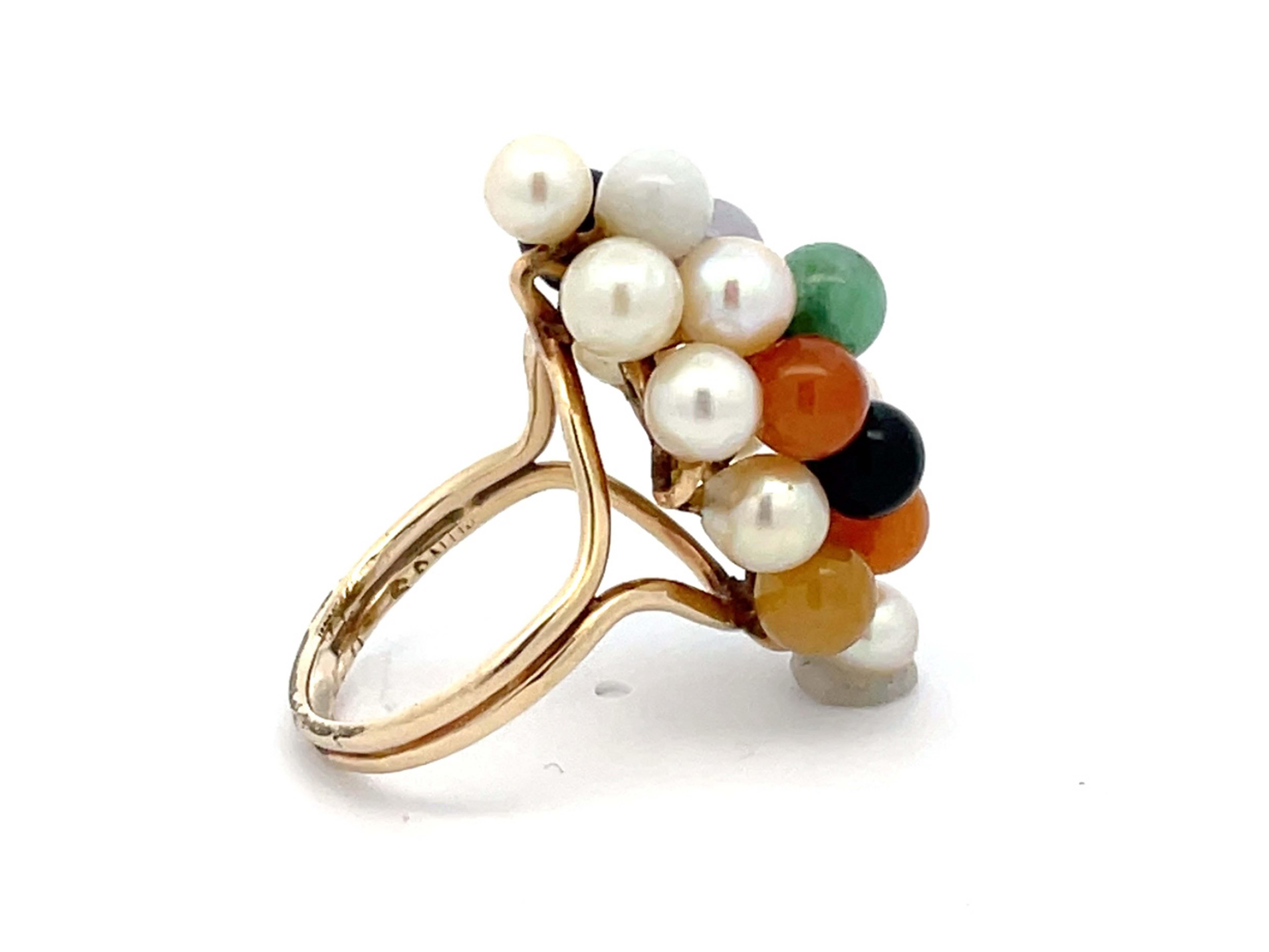 Modern Mings Colorful Jade and Pearl Cluster Ring in 14k Yellow Gold For Sale