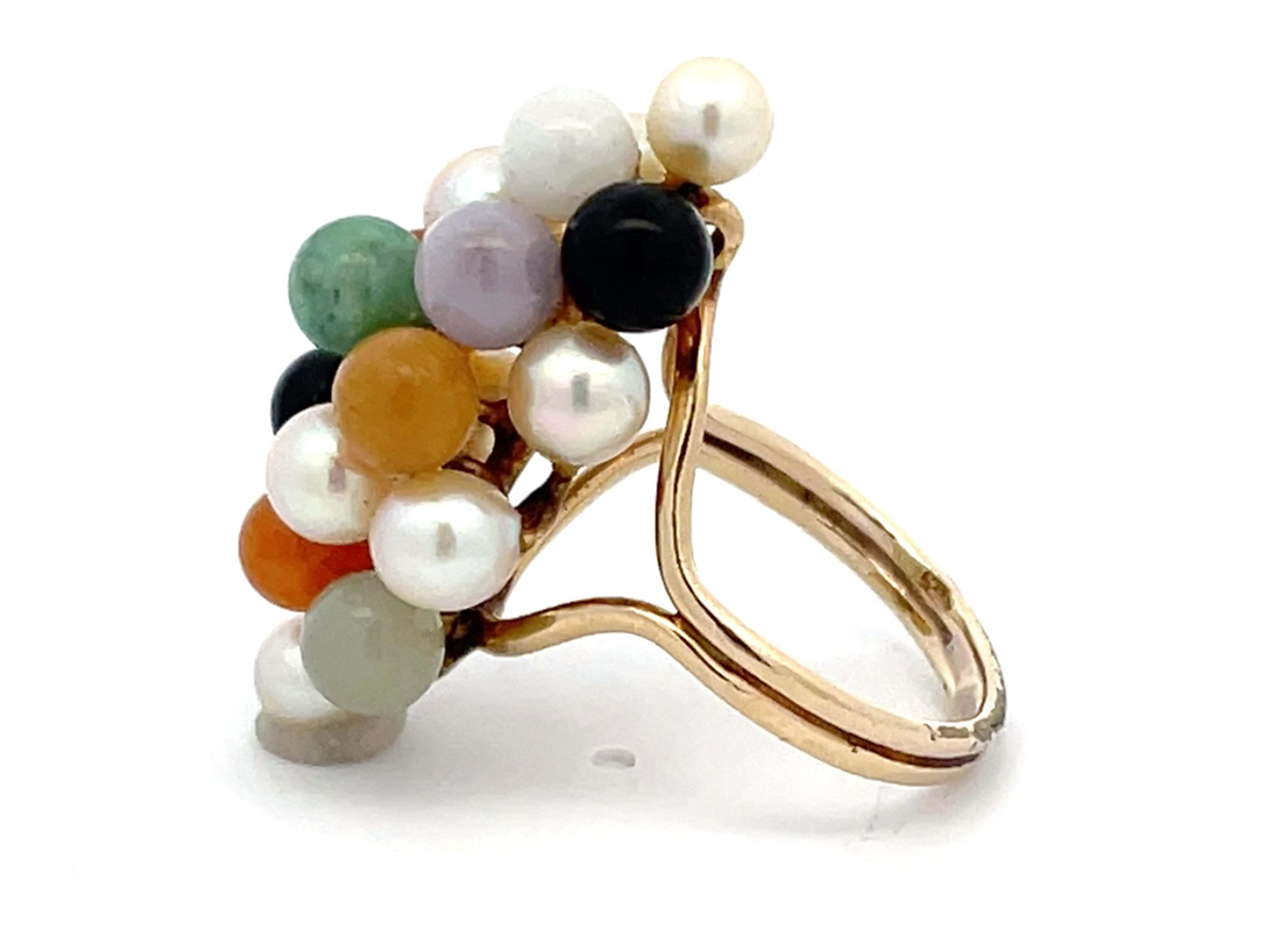 Round Cut Mings Colorful Jade and Pearl Cluster Ring in 14k Yellow Gold For Sale
