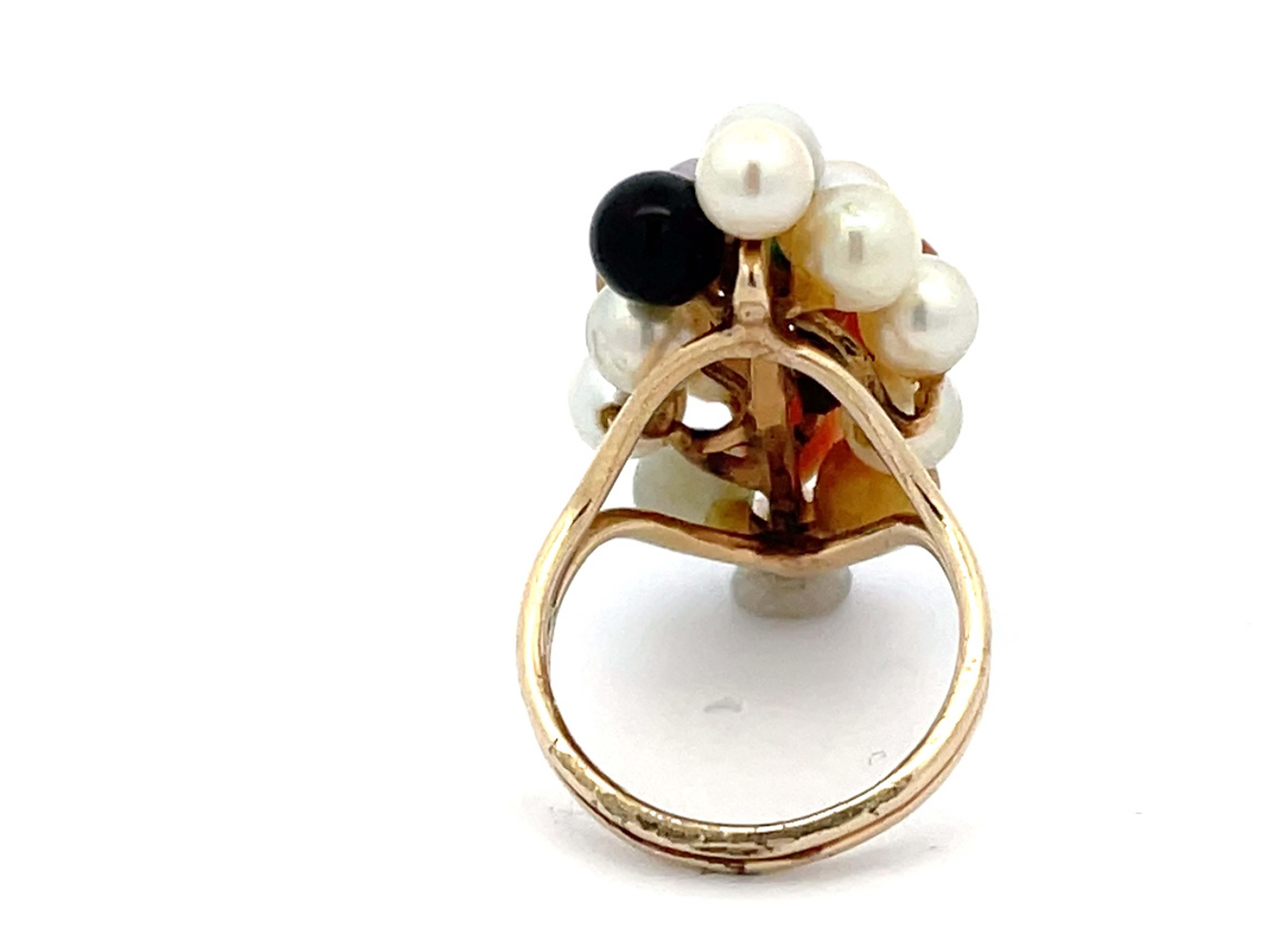 Mings Colorful Jade and Pearl Cluster Ring in 14k Yellow Gold In Excellent Condition For Sale In Honolulu, HI