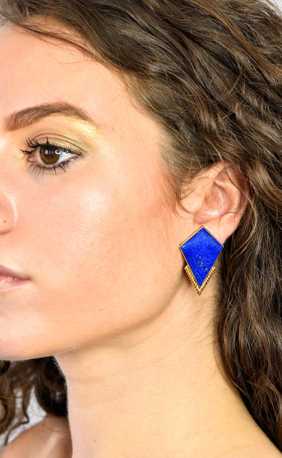 Ming's Contemporary Lapis Lazuli 14 Karat Gold Ear-Clips, Earrings 1