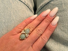Mings Double Cabochon Pear Shaped Jade and Pearl Ring 14k Yellow Gold