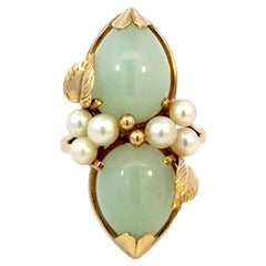 Mings Double Cabochon Pear Shaped Jade and Pearl Ring 14k Yellow Gold