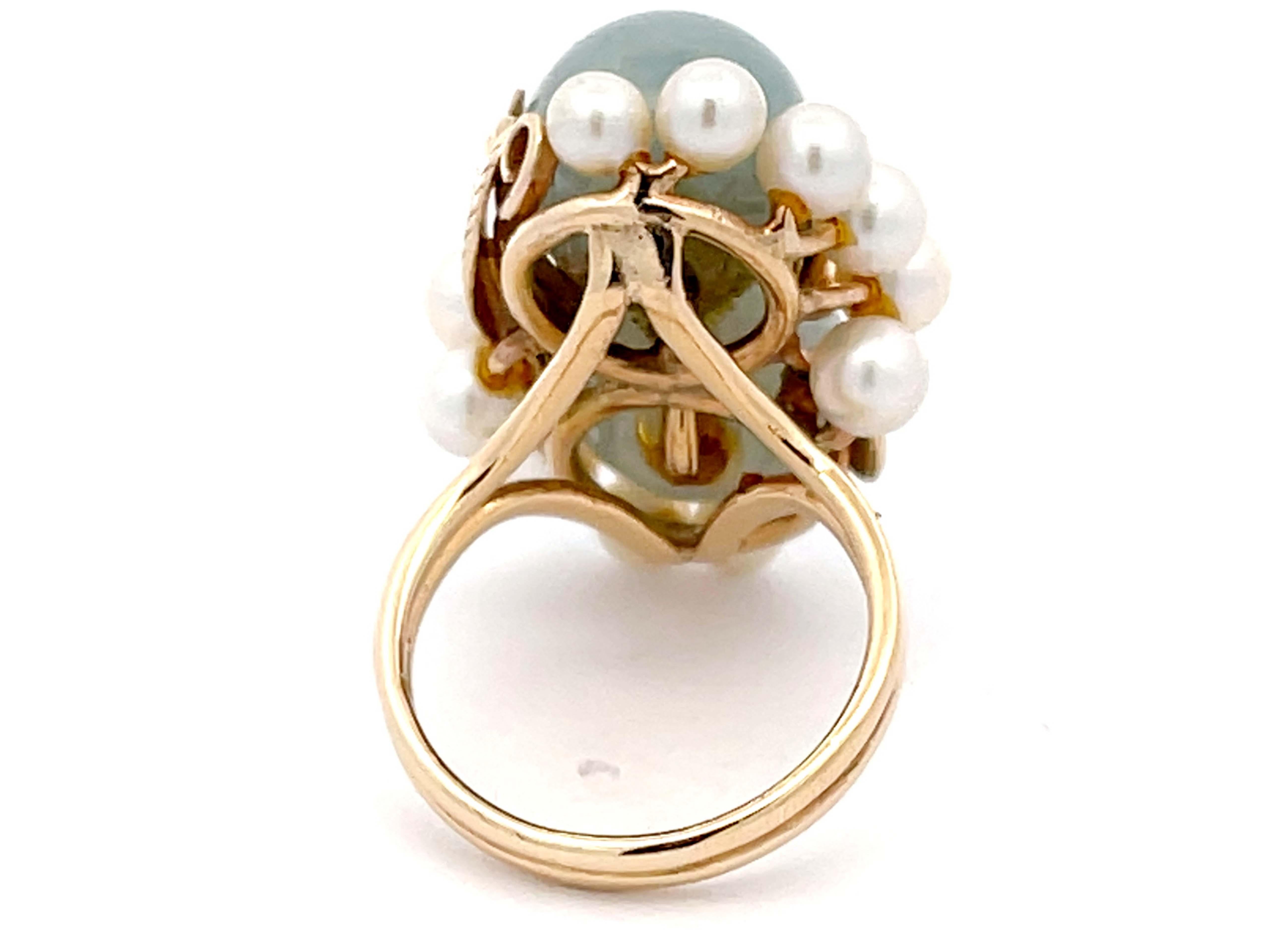 Modern Mings Double Jade Ball and Pearl Leaf Design Ring in 14k Yellow Gold For Sale