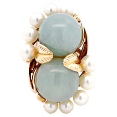 Mings Double Jade Ball and Pearl Leaf Design Ring in 14k Yellow Gold