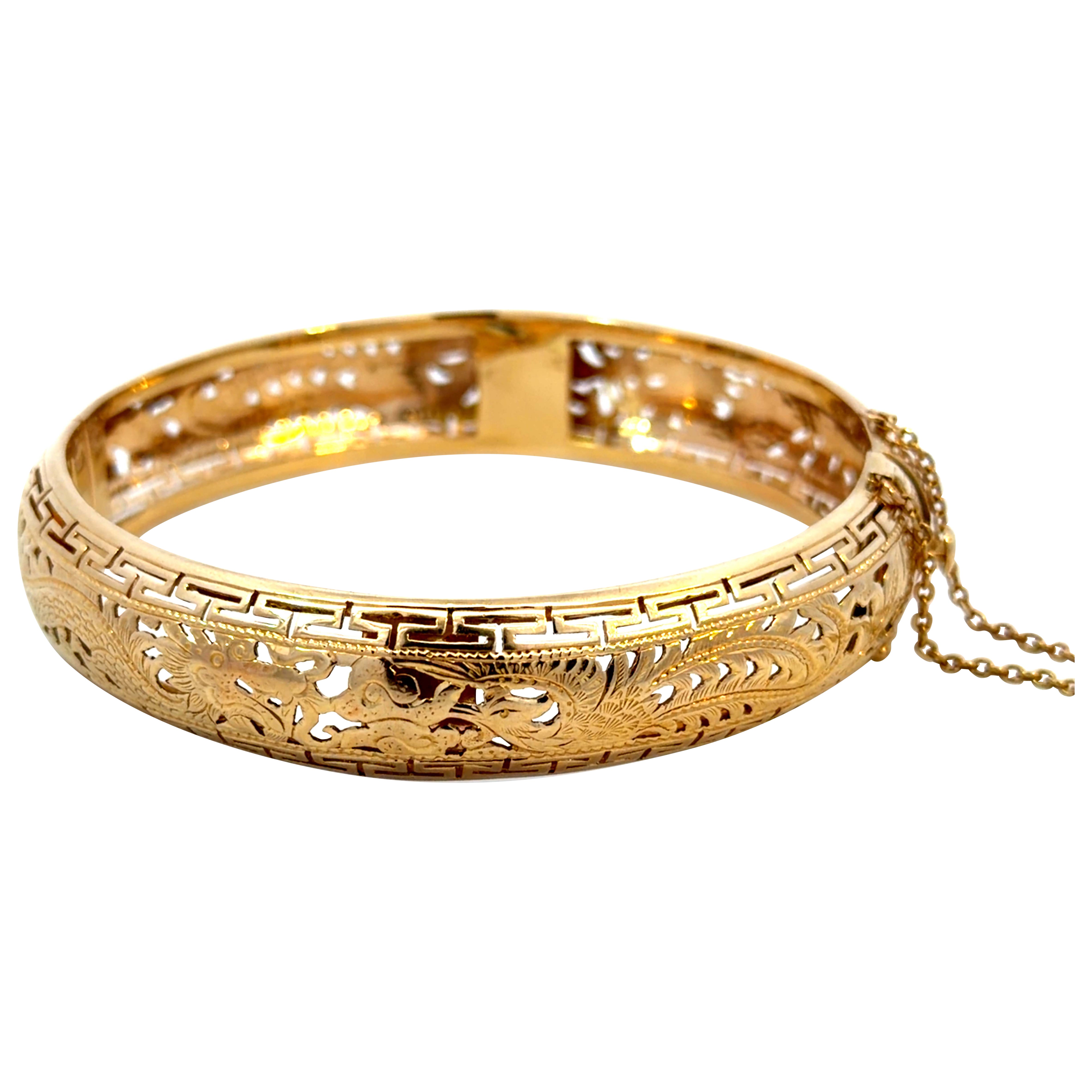 Bracelet à charnière percé Dragon Phoenix Clé grecque Or jaune 14K