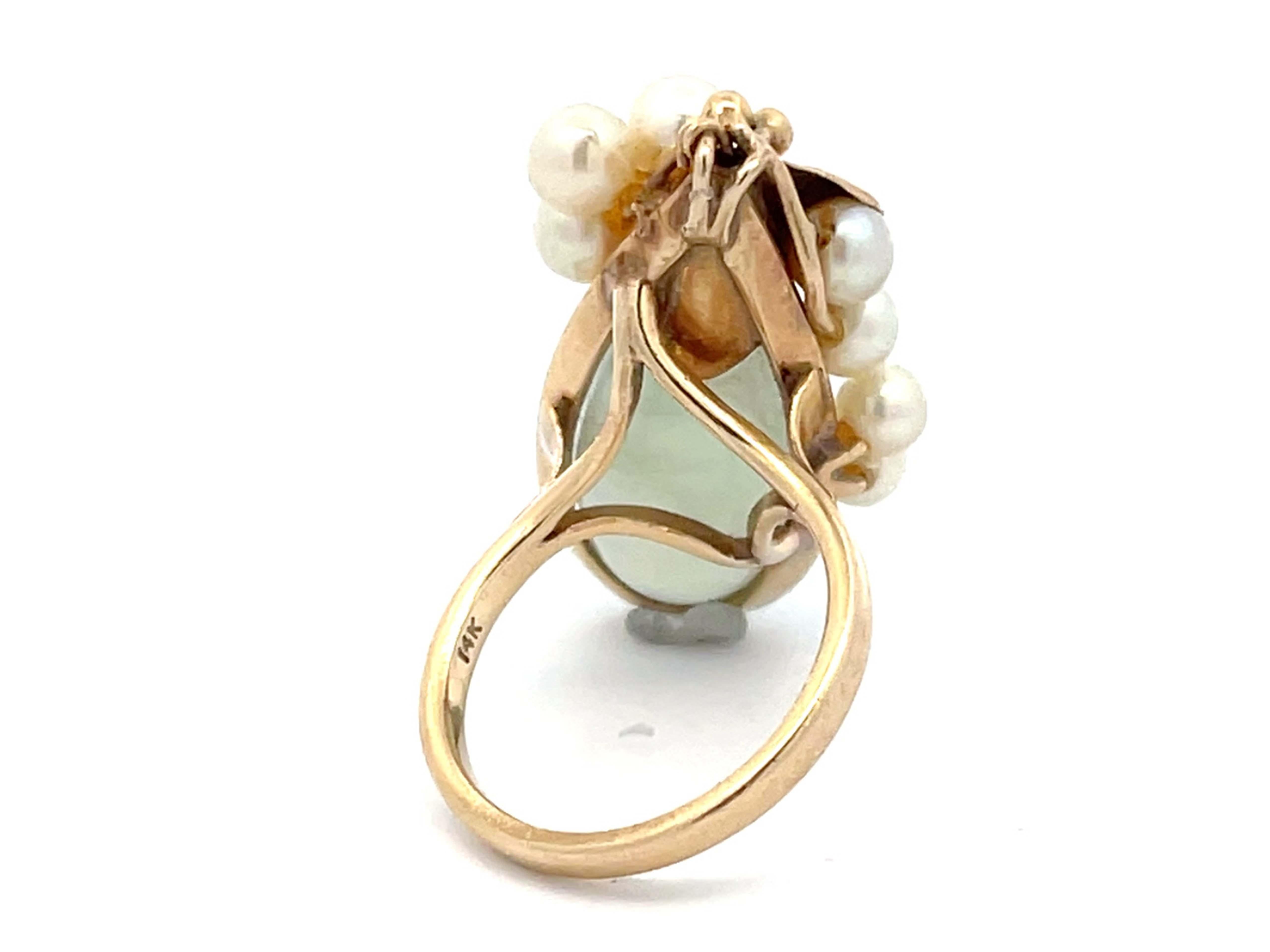 Modern Mings Eggplant Shaped Jade and Pearl Leaf Ring in 14k Yellow Gold For Sale
