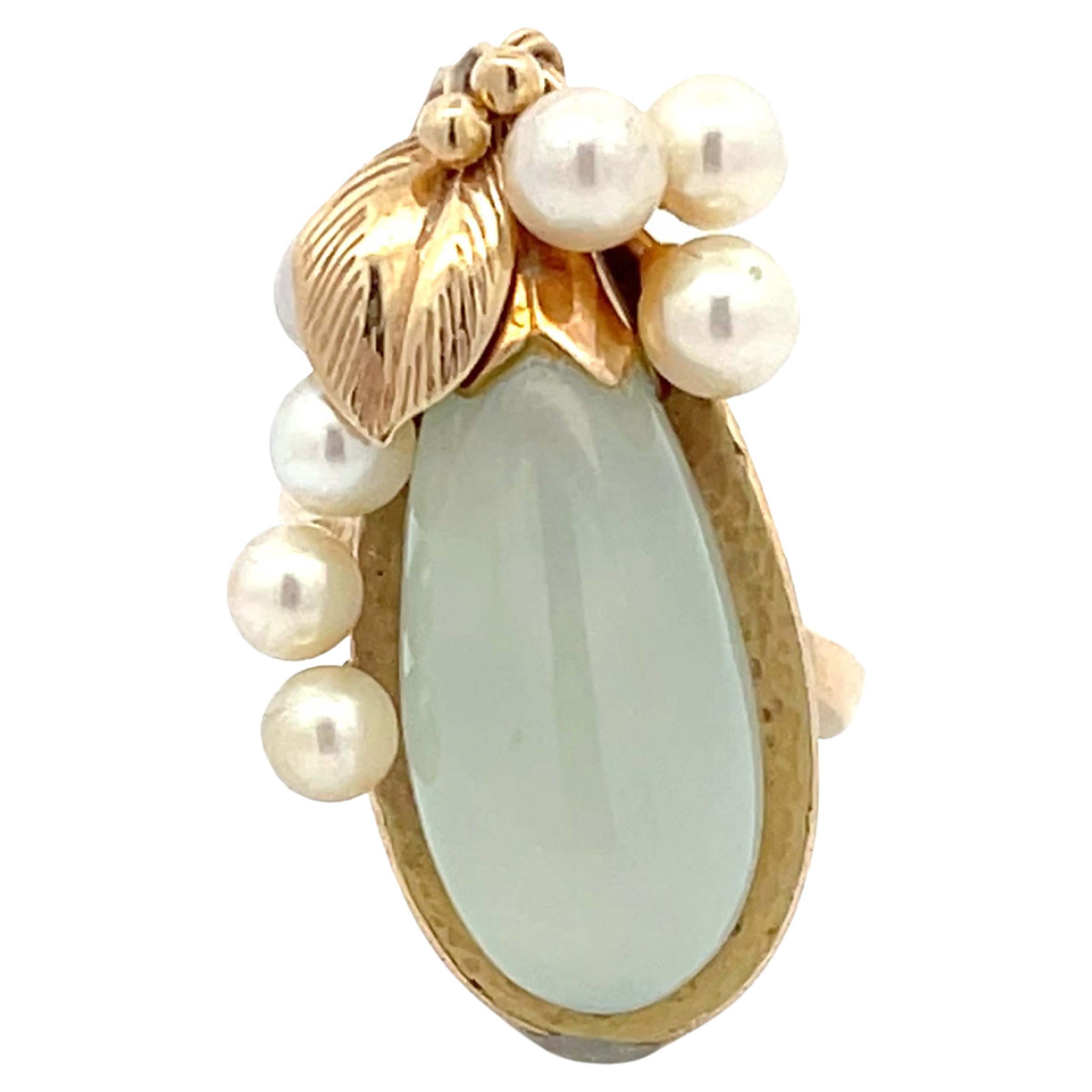 Mings Eggplant Shaped Jade and Pearl Leaf Ring in 14k Yellow Gold For Sale