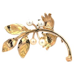 Mings Flower and Leaf Akoya Pearl Brooch in 14k Yellow Gold