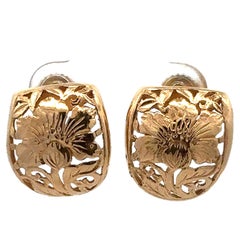 Pendientes de oro amarillo de 14 quilates con flor y pergamino abierto