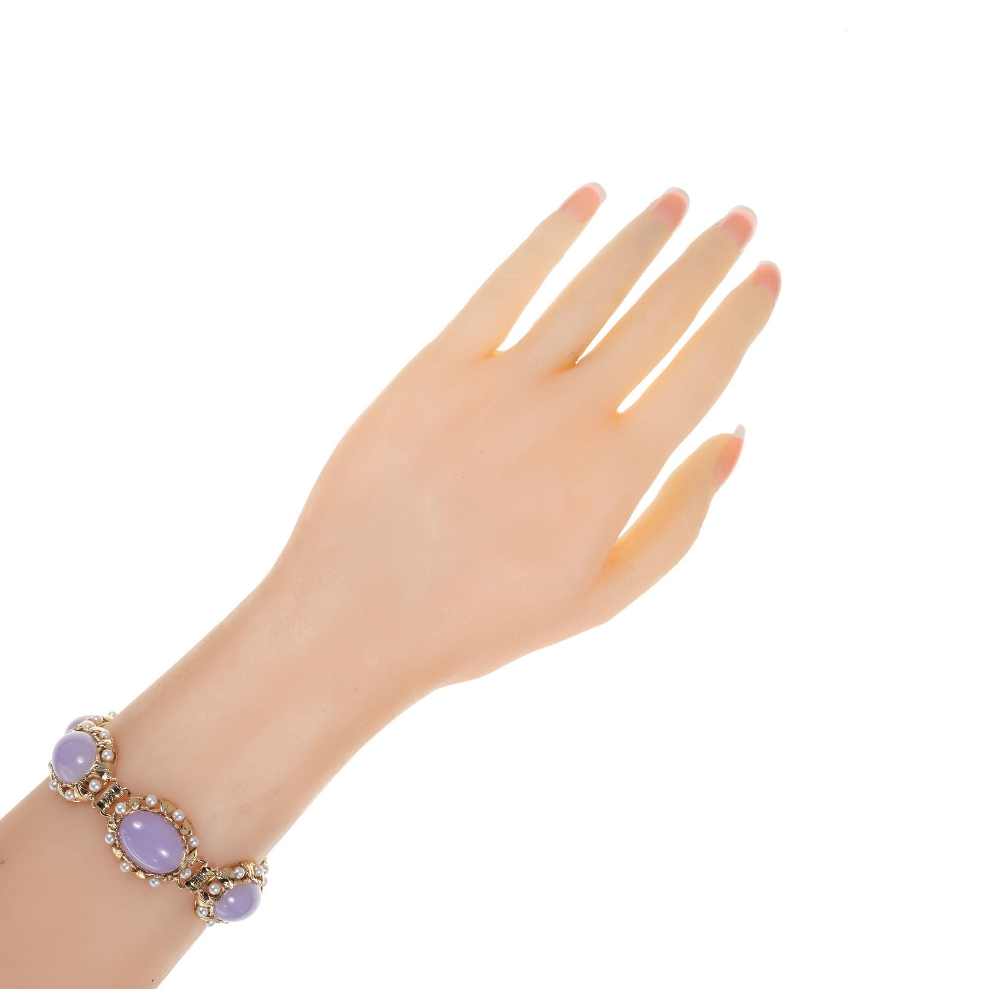 Oval Cut Mings GIA Certified Purple Jade Pearl Yellow Gold Bracelet
