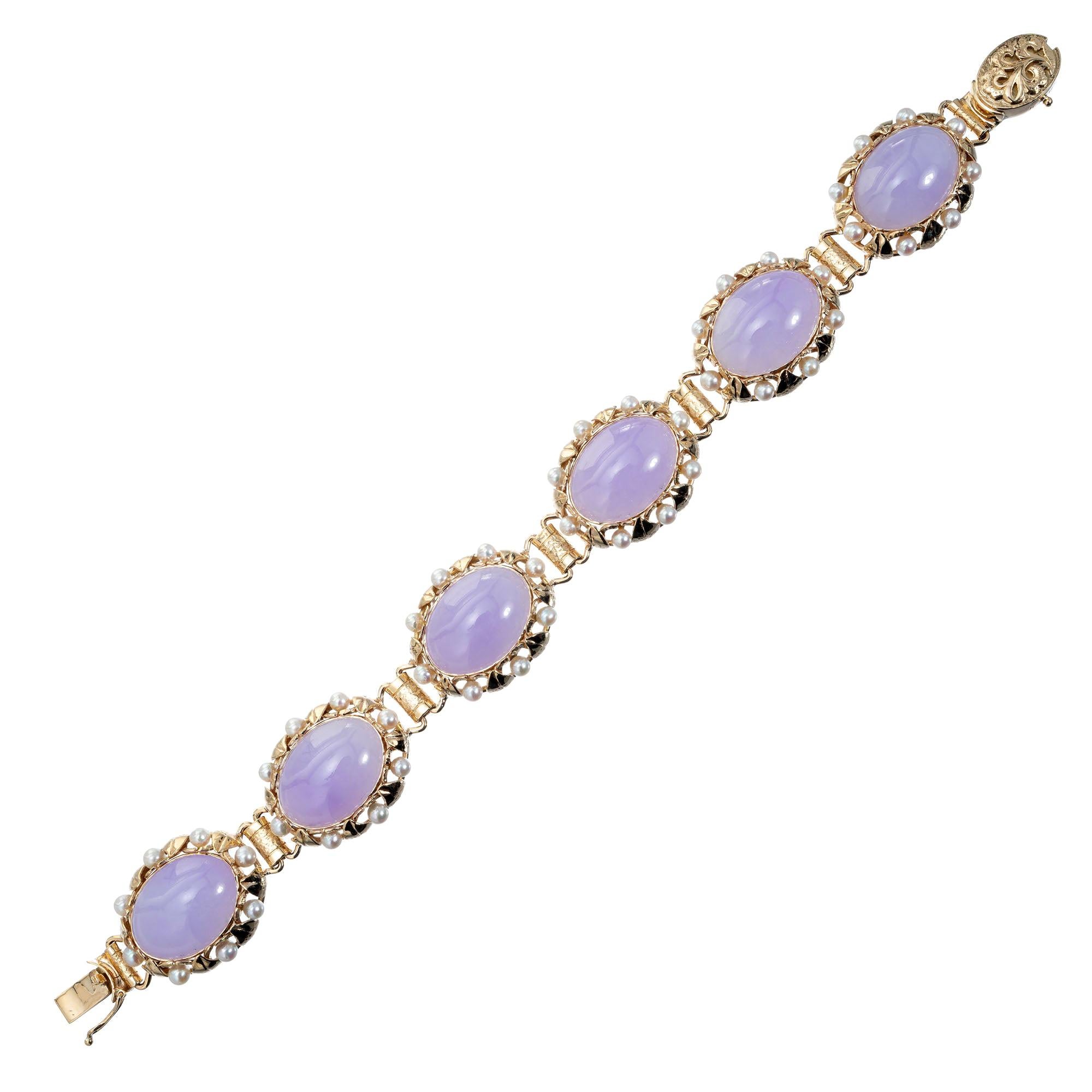 Mings GIA Certified Purple Jade Pearl Yellow Gold Bracelet