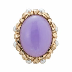 Mings GIA Certified Purple Jade Pearl Yellow Gold Cocktail Ring