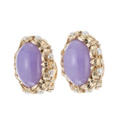 Mings GIA Certified Purple Jadeite Jade Pearl Yellow Gold Earrings