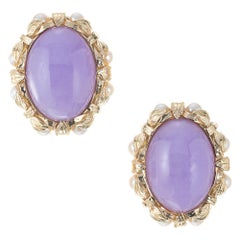 Mings GIA Certified Purple Jadeite Jade Pearl Yellow Gold Earrings