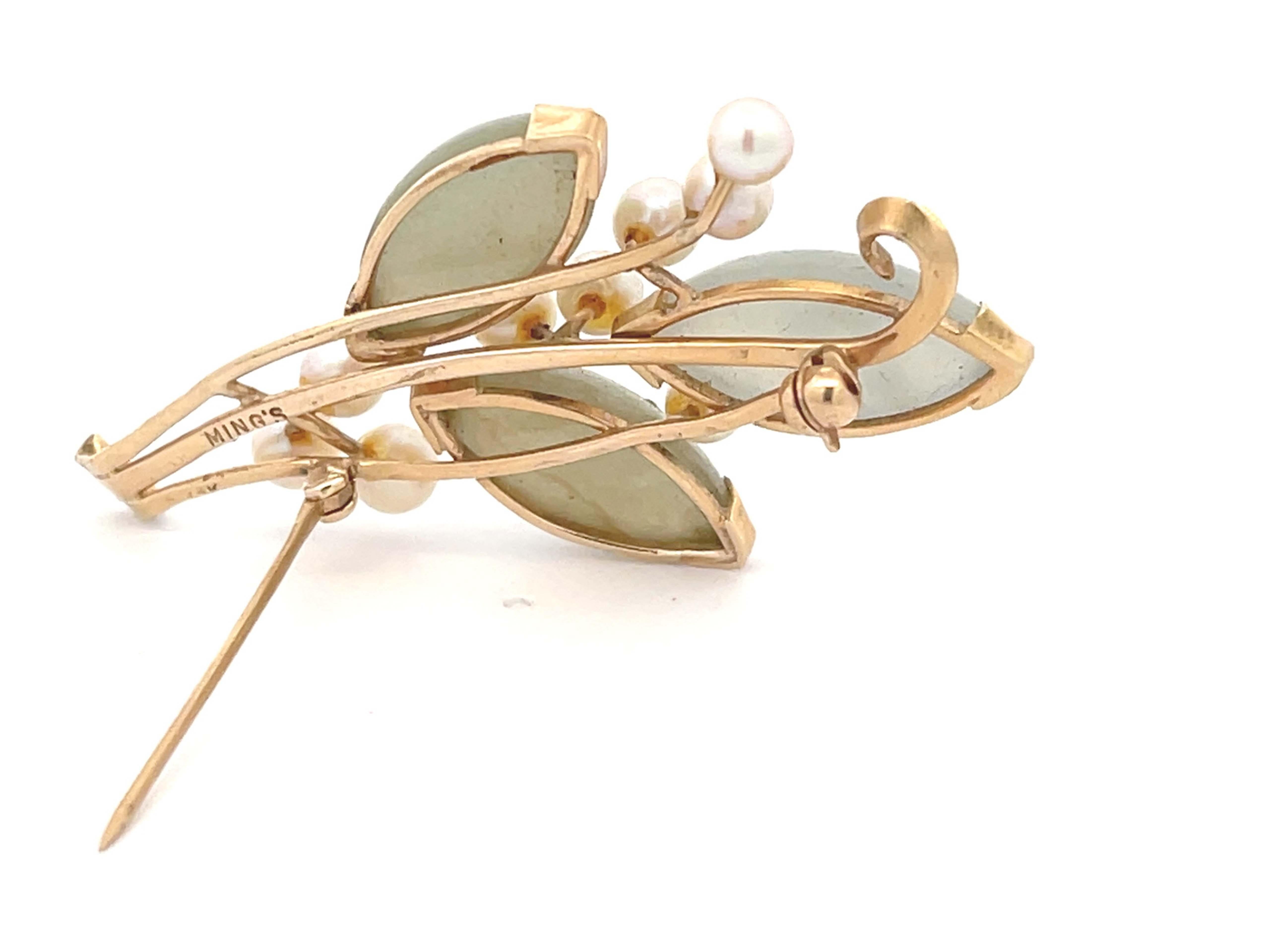 Mings Gold Branch Brooch with Jade and Pearls in 14k Yellow Gold In Excellent Condition For Sale In Honolulu, HI