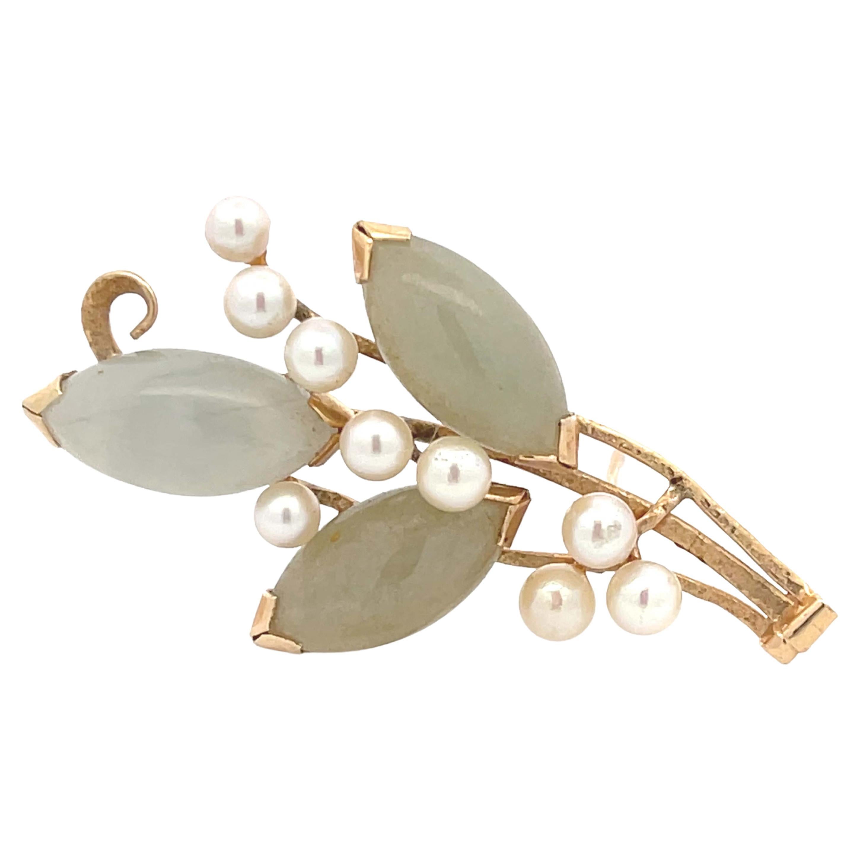 Mings Gold Branch Brooch with Jade and Pearls in 14k Yellow Gold For Sale